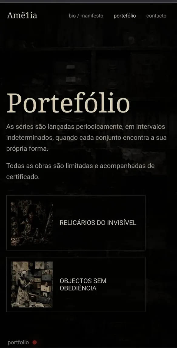 Captura histórica do site com portefólio, Relicários do Invisível e Objectos sem Obediência